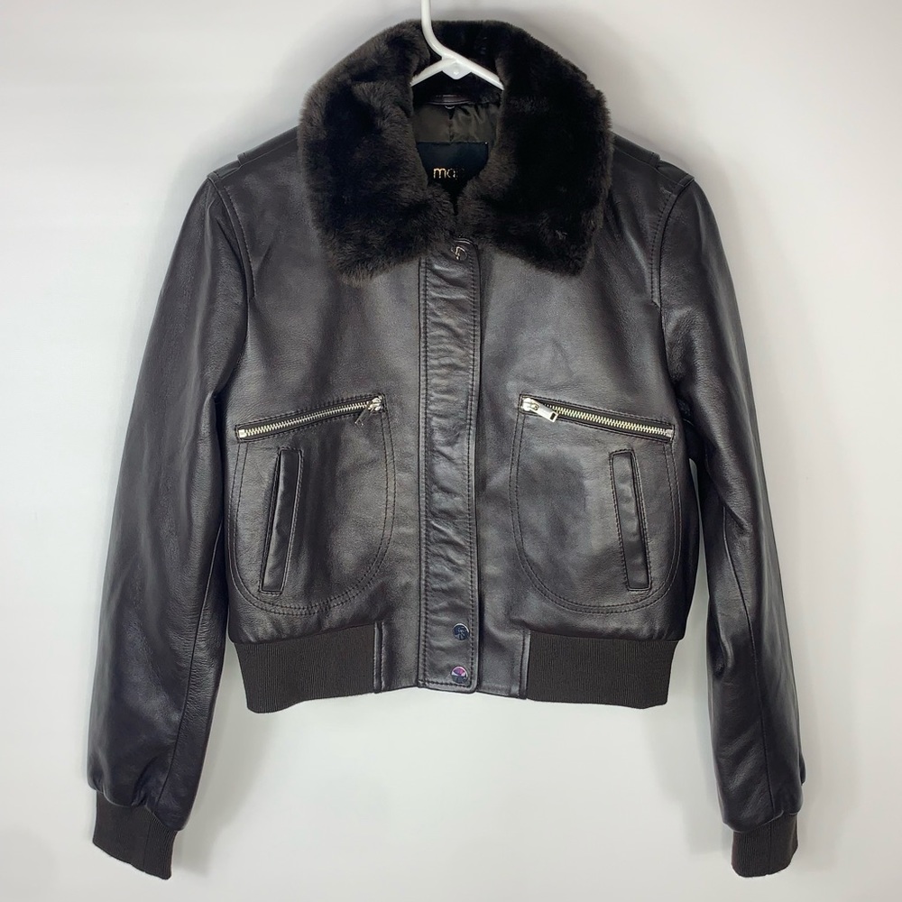 Maje Womens Leather Jacket Brown Zip Up Pockets Faux Fur Collar Snap 40 New